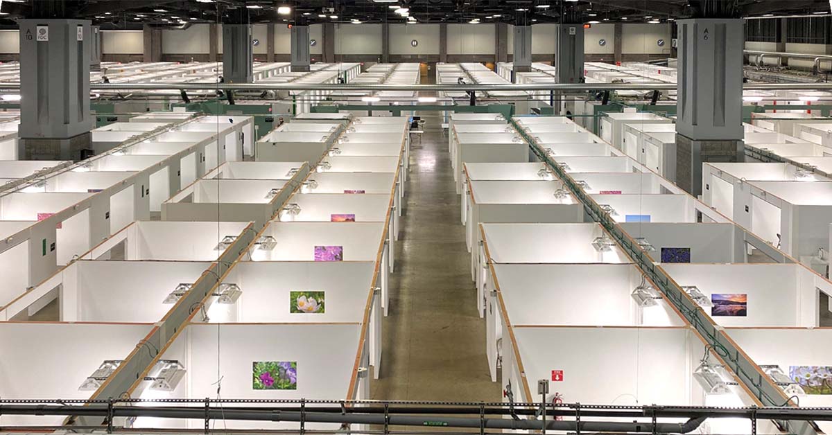 Rows of 10x10 pods in the Washington Convention Center field hospital