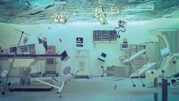 Flooded hospital facility seen from below the water line